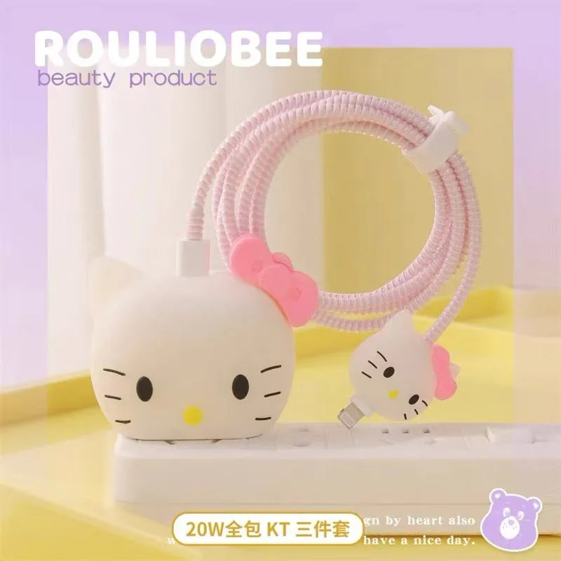 

3-pcs Kawaii Sanrio Hello Kitty IPhone 18w 20w Data Cable Protective Case Anti Breakage Charger Protective Case Girls Gifts Toys