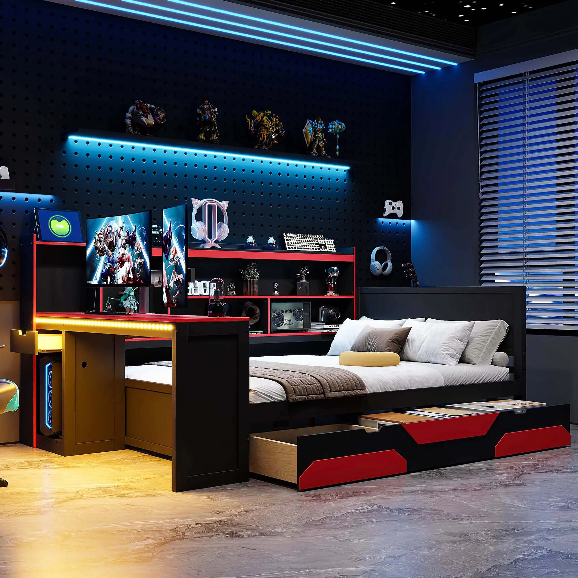 Full Size Gaming Daybed with Integrated Desk & RGB LED Lights, 3 Storage Ders, Built-in Power Strip with USB Ports &