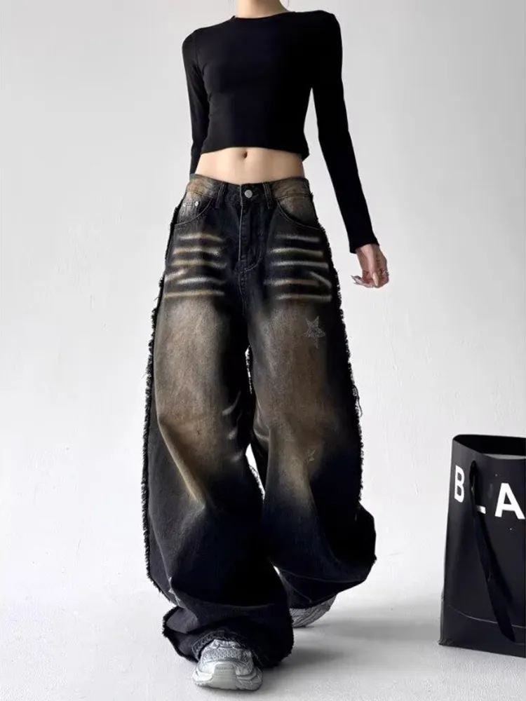 Black Jeans Women Vintage High Waisted Cargo Jeans Straight 2025 Summer Casual Loose Big Size Wide Leg Denim Baggy Pants Y2K