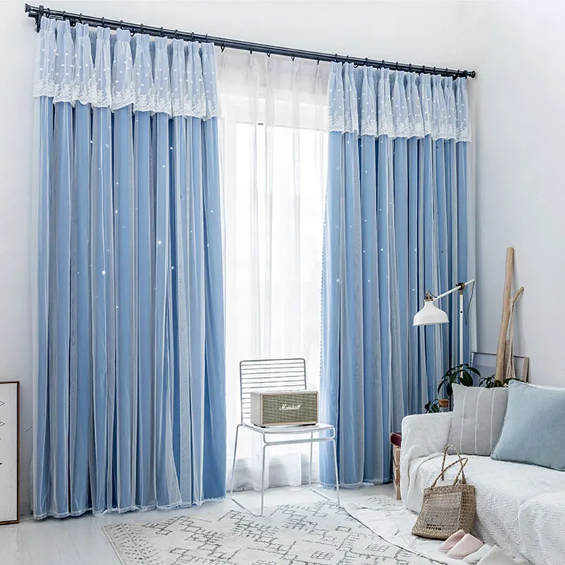 

Luxury Stars Curtain For Living Room Double Layer Blackout Sheer Curtains Girls Bedroom Decorate Tulle Window Solid Color Drapes