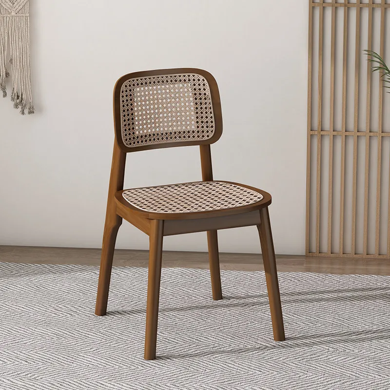 Wabi-Sabi Stil Rattan Esszimmerstuhl, Nordischer Rattanstuhl, Vintage Massivholz Rückenlehnenstuhl, Loungesessel