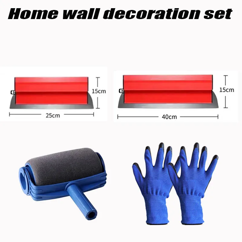 DIY Wall Painting Tool Kit 25cm 40cm Putty Skimming Blade Paint Roller Brush & Protective Gloves Drywall Plastering Construction
