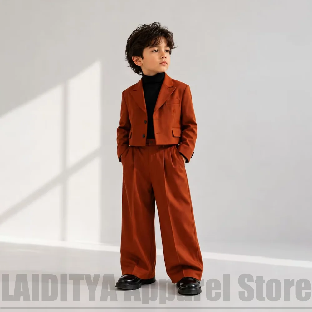 Kids Boys Retro Cropped Suit 2 Piece Blazer Wide Leg Trousers Outfit For Wedding Birthday Party Stage Show Casual Formal Tuxedo