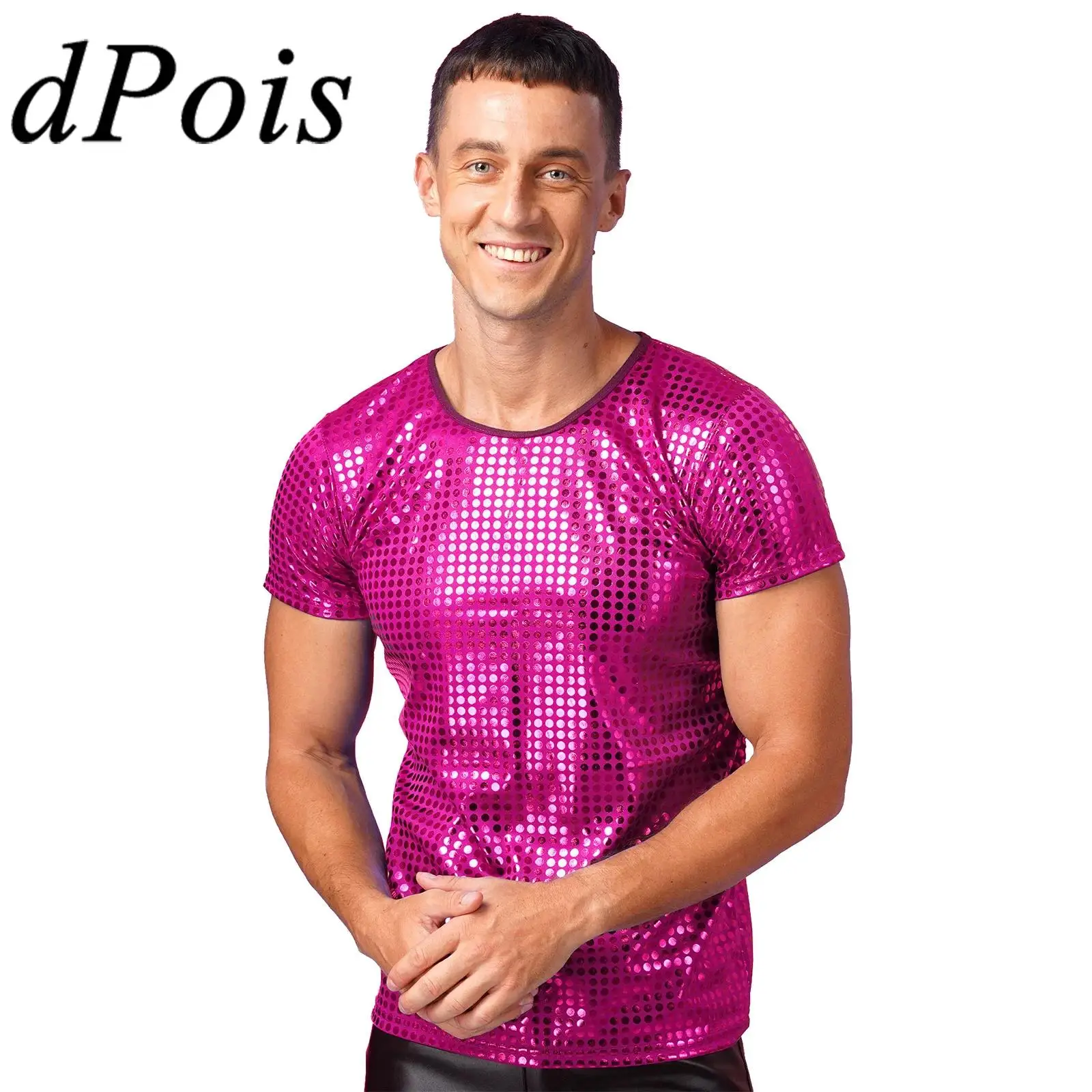 Mens Sparkle Sequin Dot Jazz Modern Dance T-Shirt Tops Round Neck Short Sleeve Performance Tops Nightclub Festivals Costumes