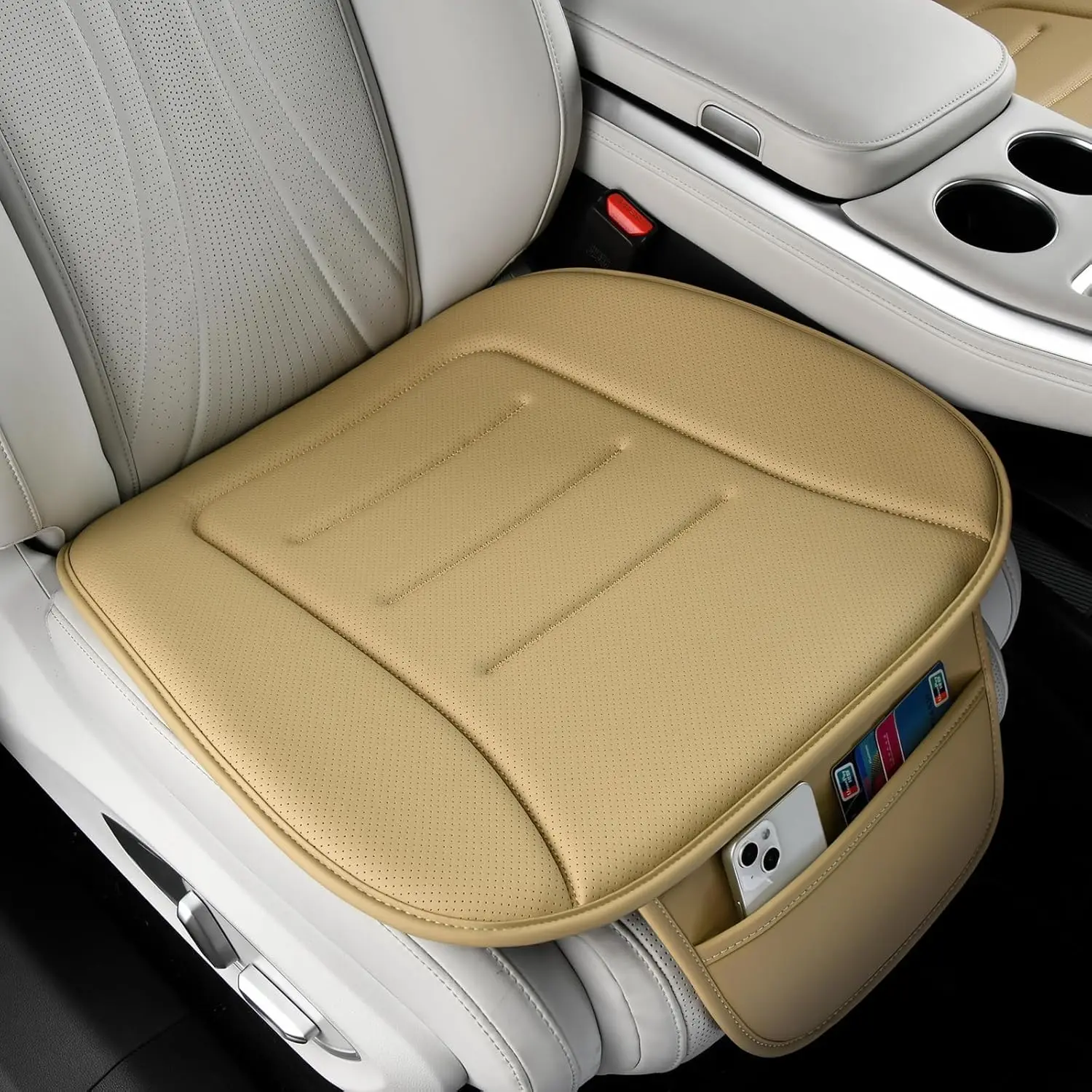 

Comfort Memory Foam Car Cushion, Breathable Leather with Anti-Slip Bottom for Driving and Office Chair (2 Pack, Beige)