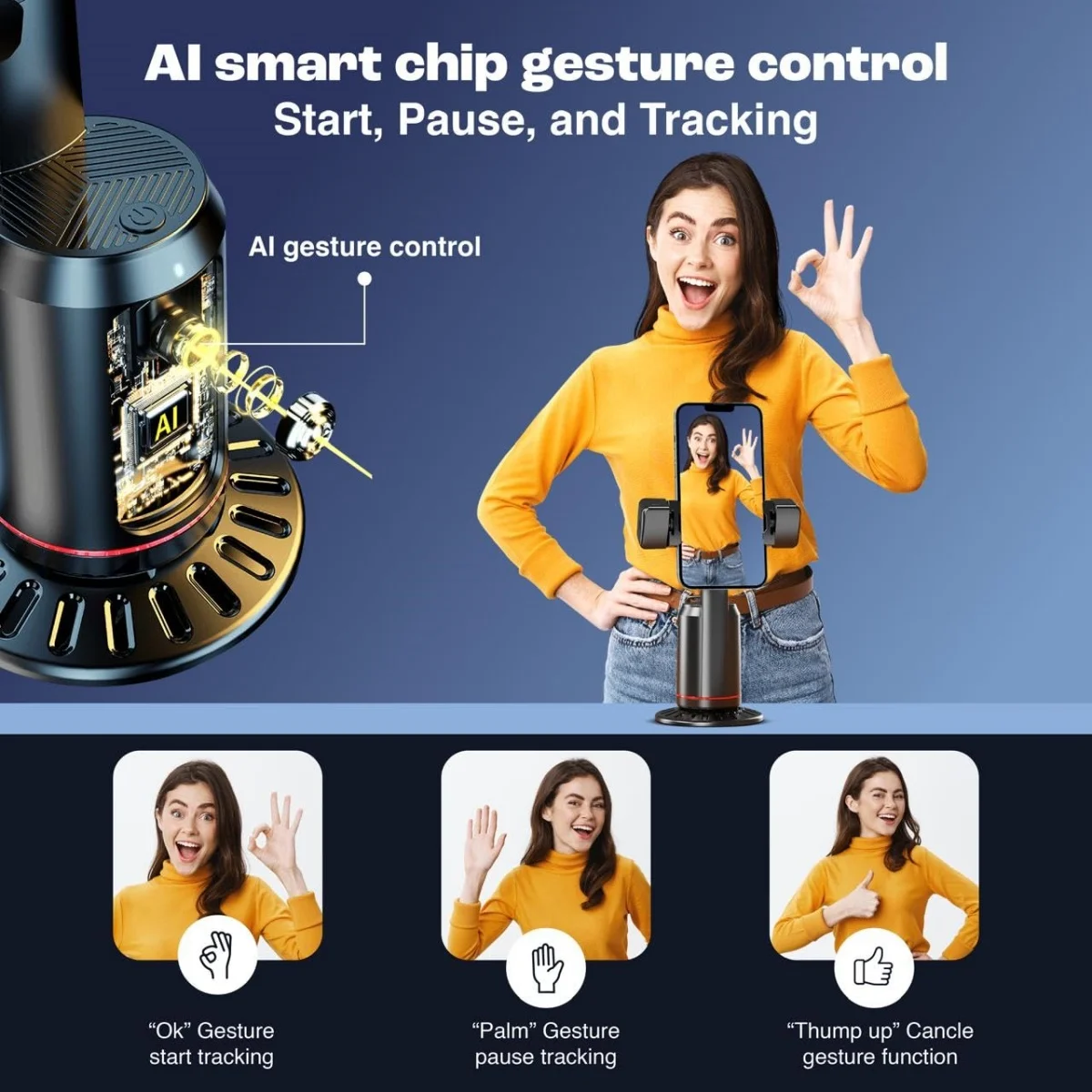 Q02 Face Tracking Phone Holder 360° Smart AI Face Recognition Pan-Tilt with Detachable Controller for Live Streaming and Selfie