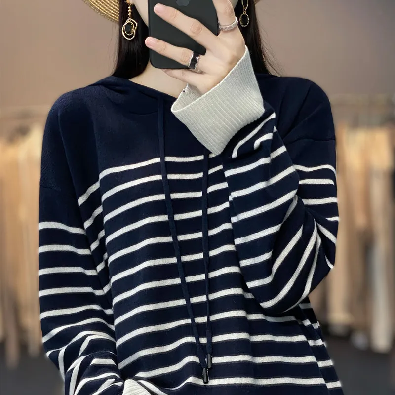 Hooded Stripe Early Spring New Blouse Women's Spring and Autumn Vintage Top Versatile Design Hoodie