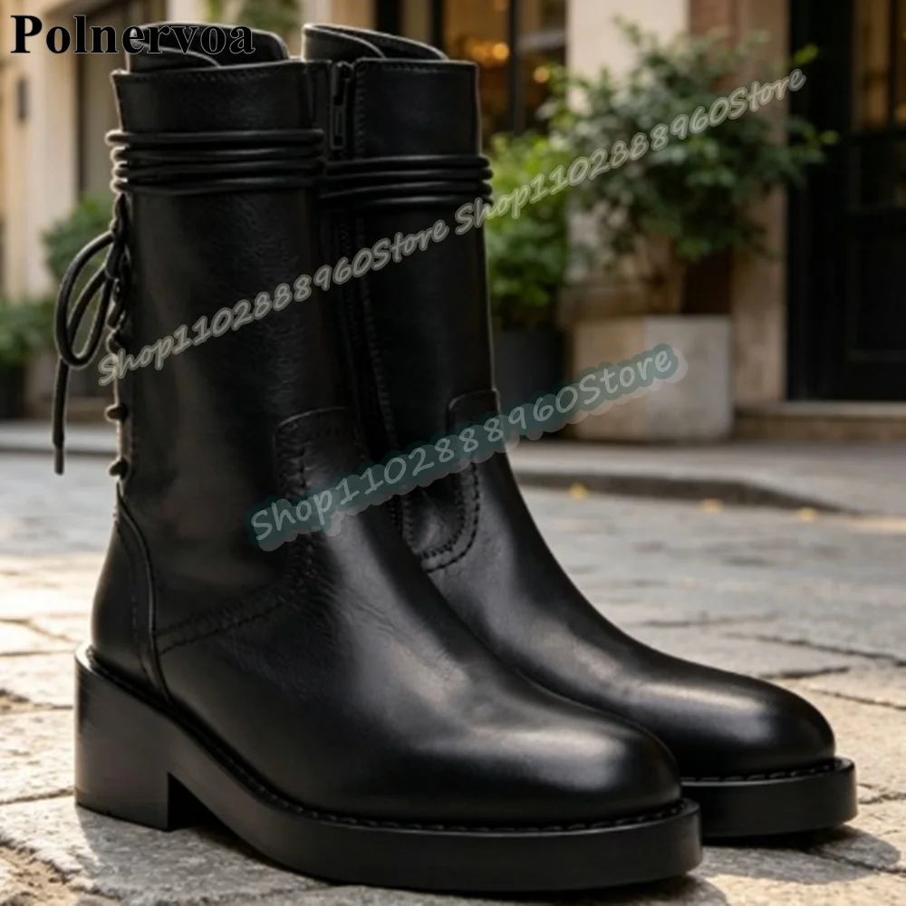 

Handmade Black Cross Tied Leather Ankle Boots Flats Shoes For Women Side Zipper Round Toe Fashionable 2026 Zapatos Para Mujer