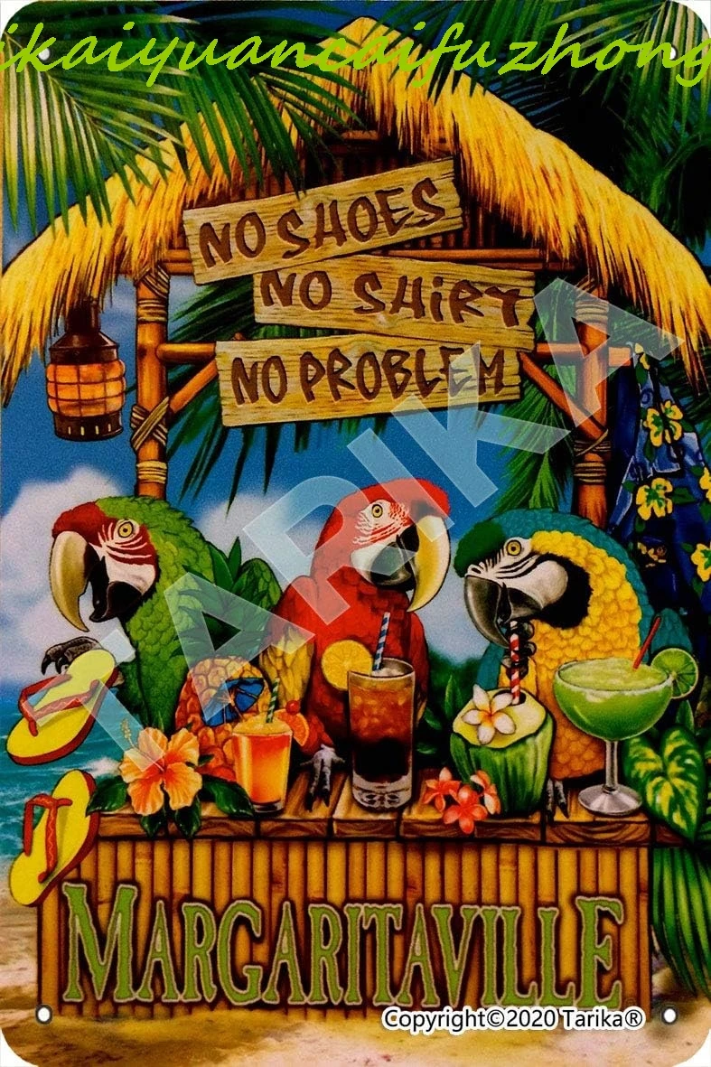 No Shoes No Shirt No Problem Margaritaville Parrot Pineapple Cocktail Drink Vintage Look Tin 8X12 Inch Decoration Poster Sign fo