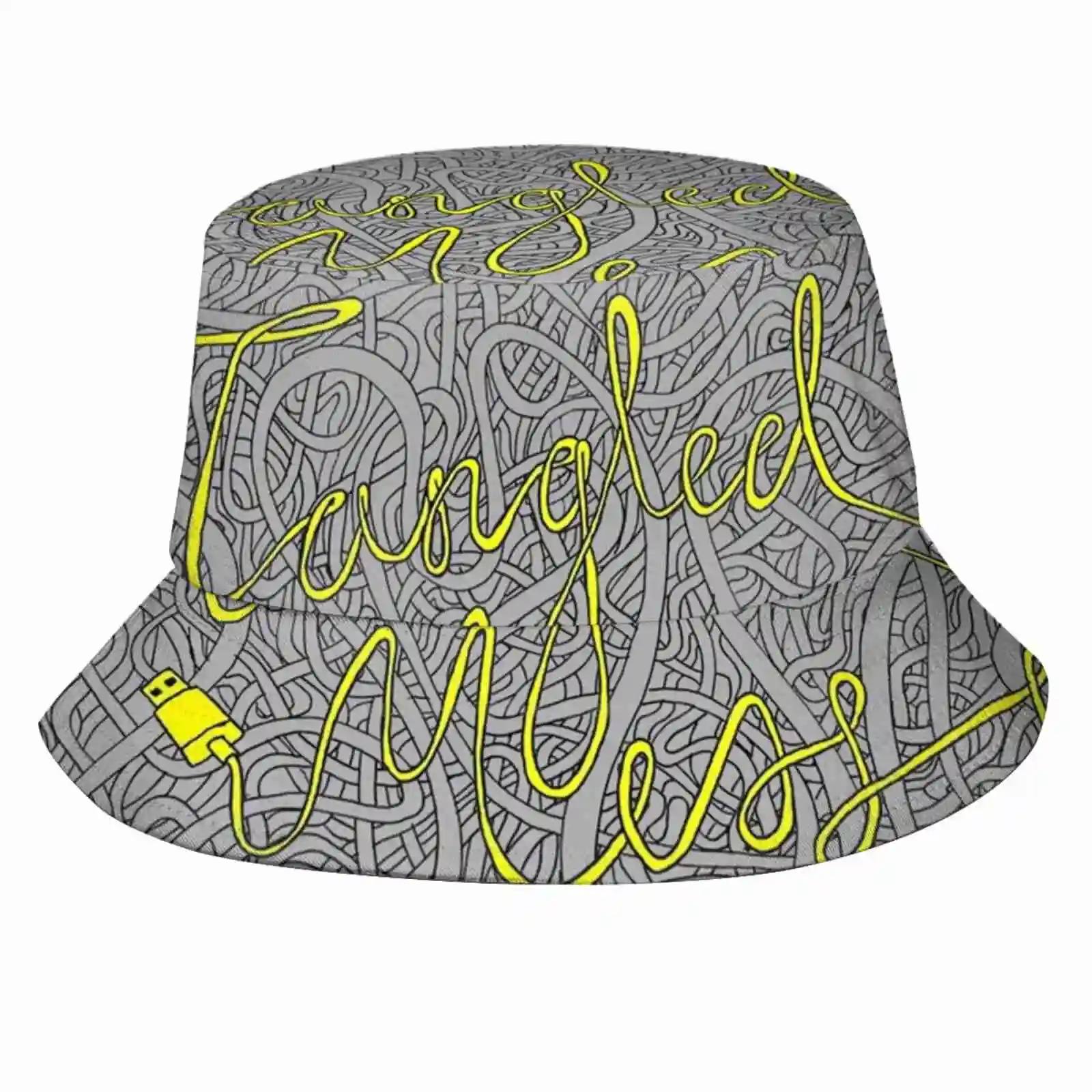 Tangled Mess Print Bucket Hats Sun Cap Tangled Mess Electronic Typography Typographic Design Text Cool Wire Cable Charger