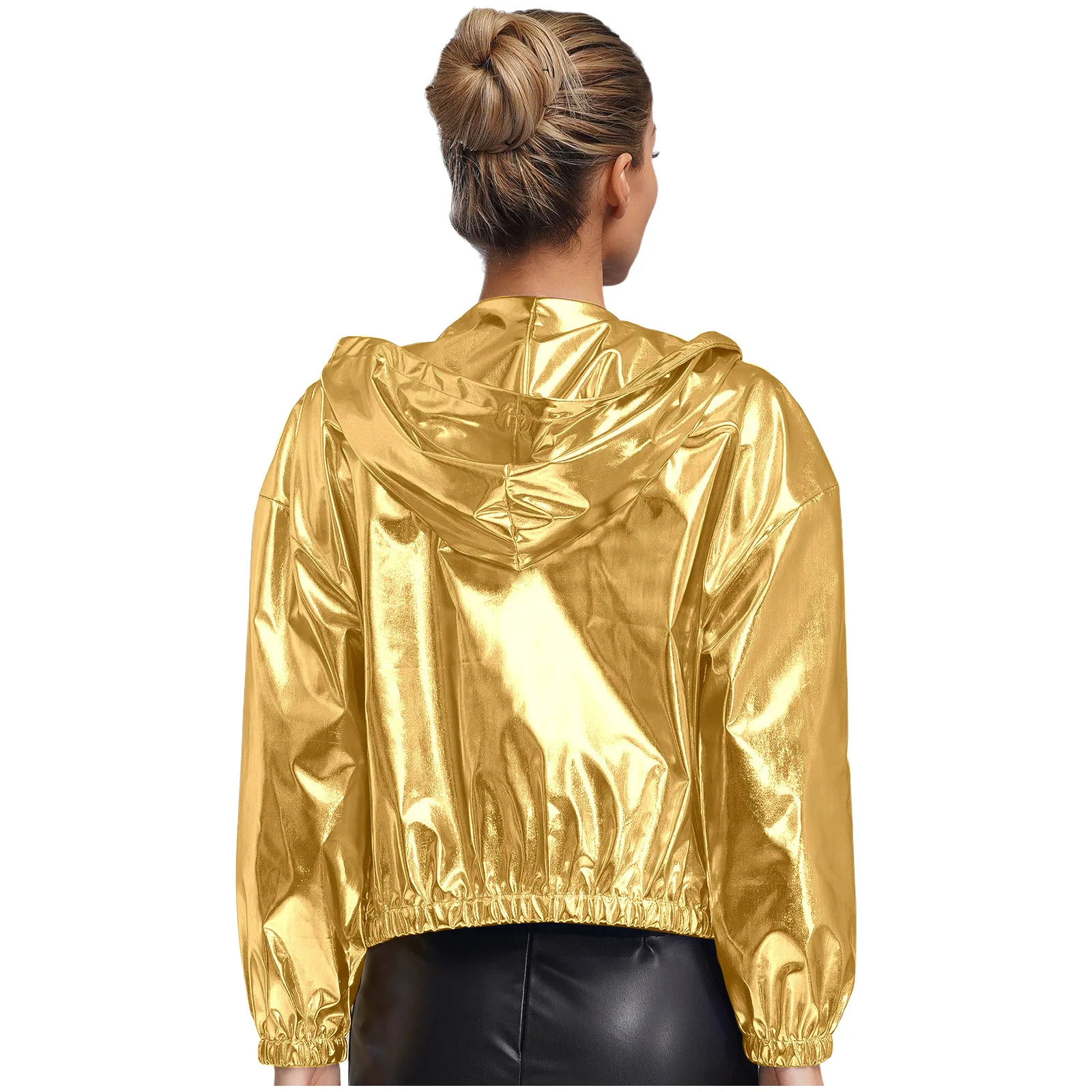 เสื้อแจ็คเก็ตเบสบอลผู้หญิงลายโฮโลแกรม เสื้อแจ็คเก็ตบอมเบอร์สีเมทัลลิกเงาวาวสำหรับฤดูใบไม้ร่วง เสื้อโค้ทแขนยาวแบบมีซิป เสื้อสเวตเชิ้ตสำหรับเต้นแจ๊ส