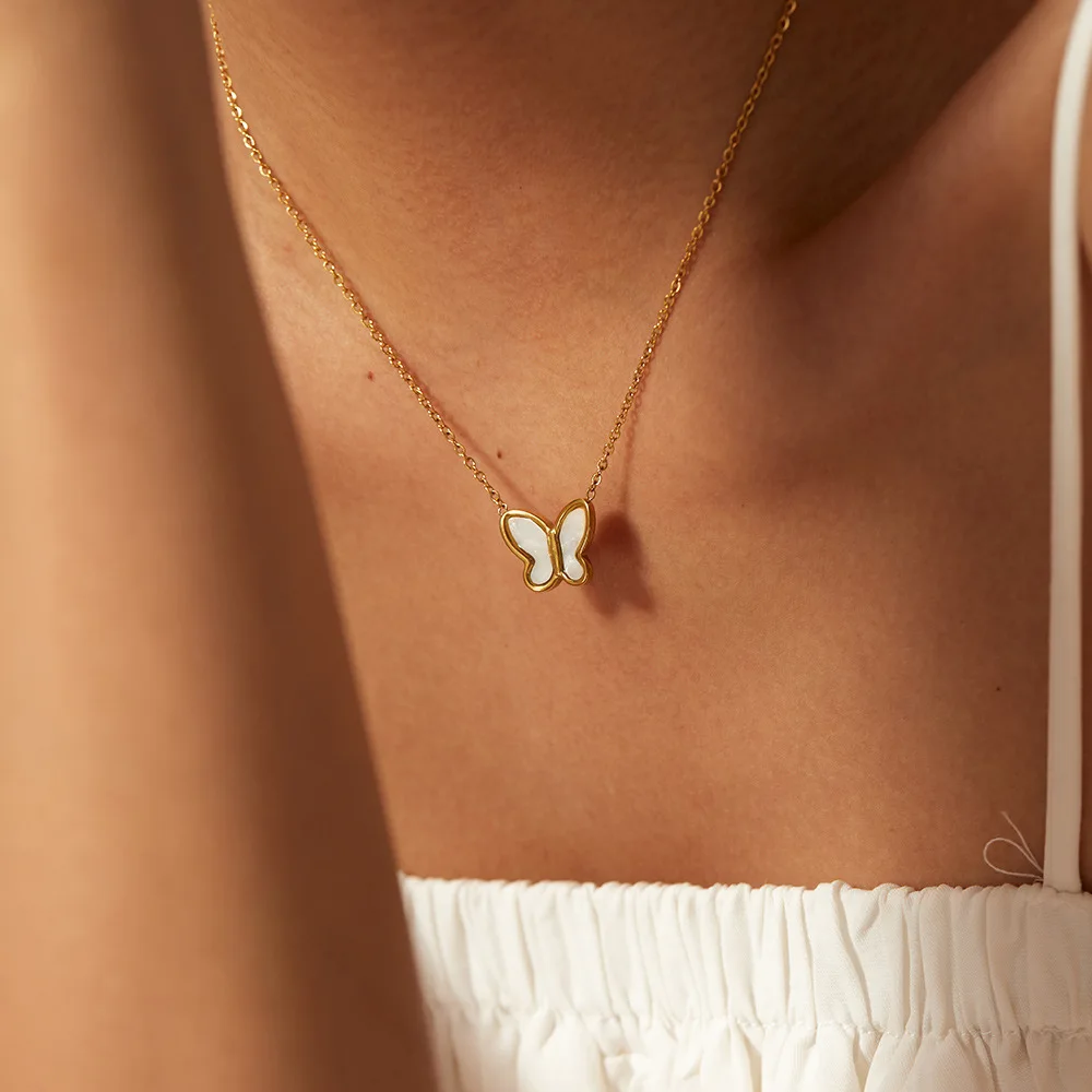 

Stainless Steel PVD 18K Gold Plated Tarnish Waterproof Shell Butterfly Necklace For Woman Jewelry Wholesale Trendy