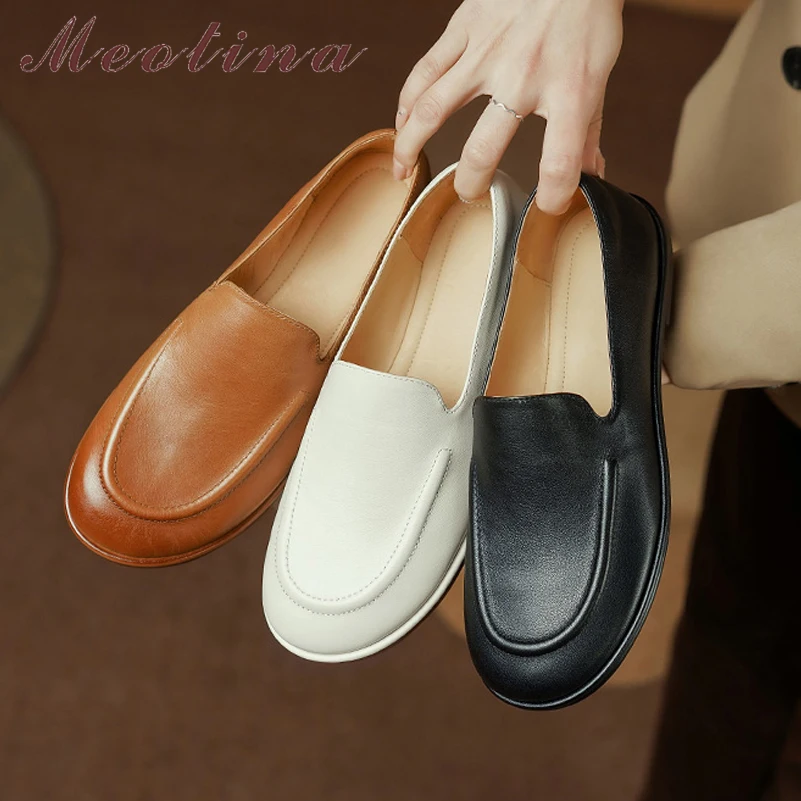 

Meotina Women Genuine Leather Loafers Round Toe Ladies Fashion Flats Concise Casual Shoes Spring Autumn Brown Beige 40