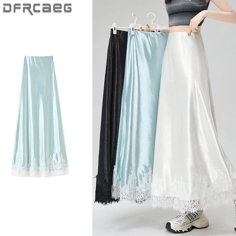 

Satin Skirt Women 2025 Spring New Arrival High Waist A Line Long Skirt Lace Patchwork Maxi Skirts Women Korean Fashon Slim Skirt