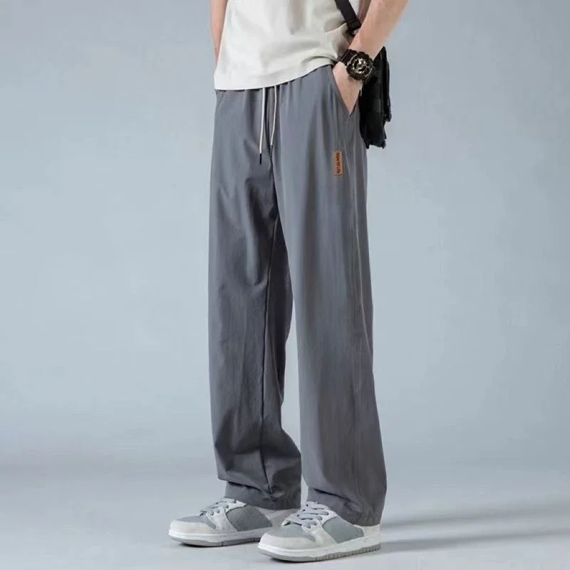 Loose Men's Casual Pants Pocket Cool Summer Male Trousers Baggy Thin Wide Straight Ice Silk Cooling Slacks Polyester Cheap Long