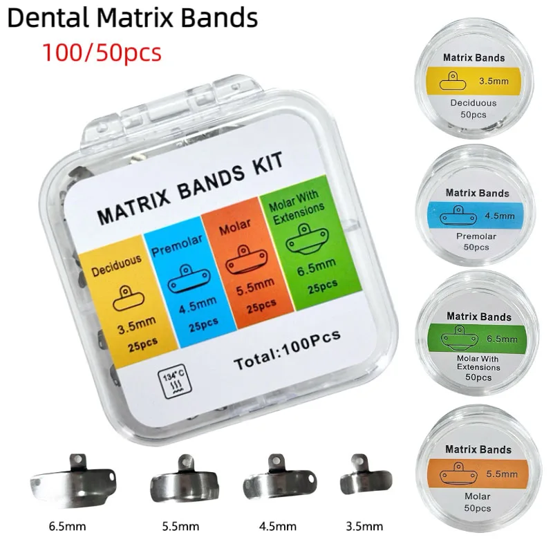 50/100pcs Dental Matrix Bands Sectional Contoured Metal Matrices For Teeth Replacement Forming Sheet Dentistry Tool Materials