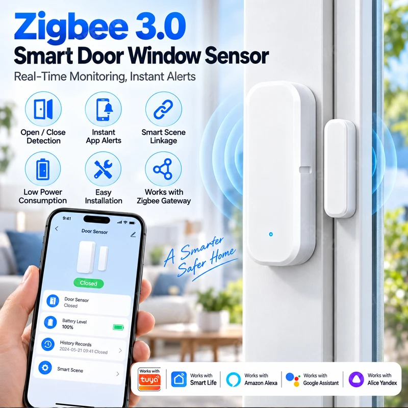 Smart Zigbee 3.0 Contact Sensor for Door Window Open Close Detection Real‑time Push Notification Smart Home Support Alexa Google