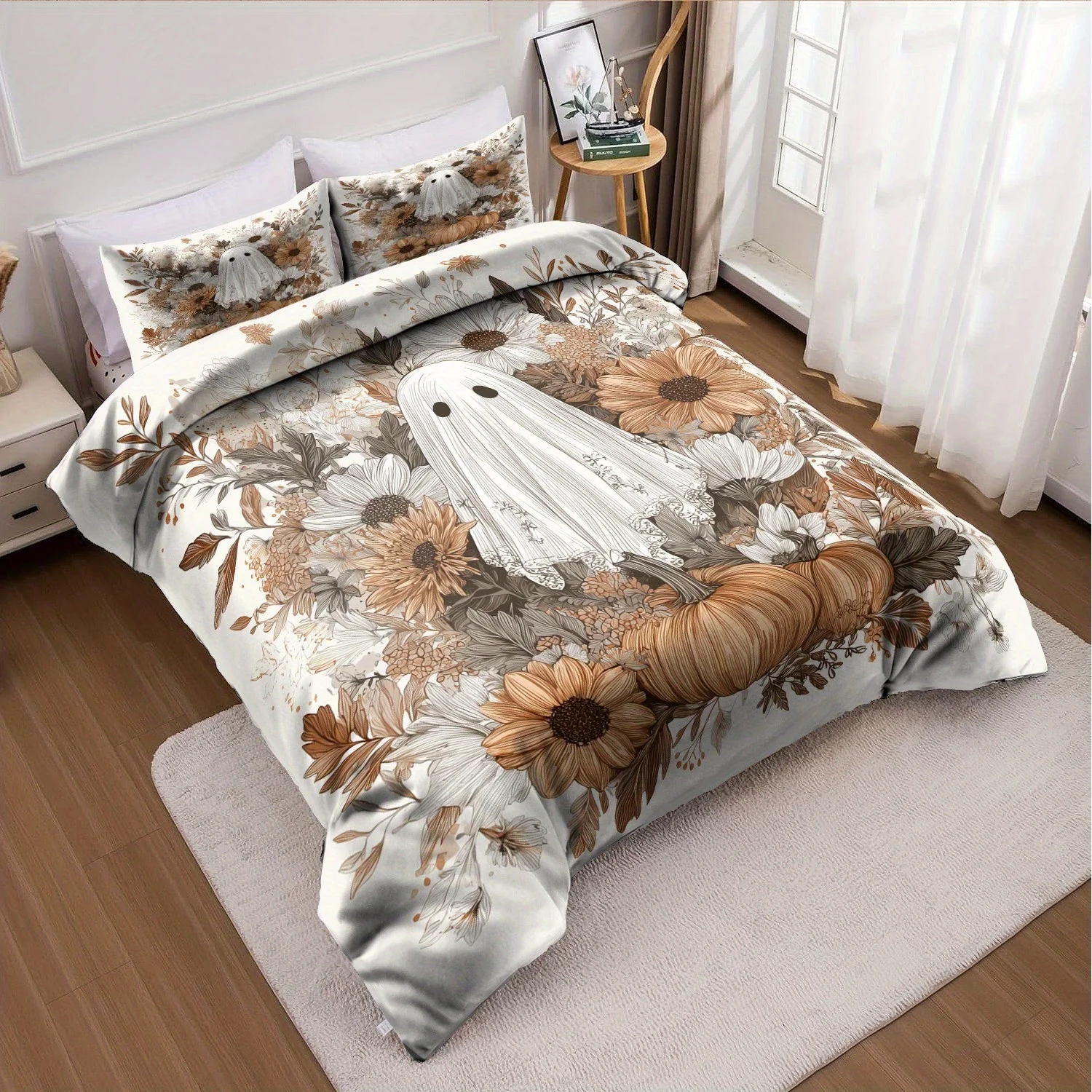 3pcs Halloween Pumpkin Monster Duvet Cover Set without Core, Quilt Cover with 2 PillowcasesSoft and Machine Washable Duvet Cover