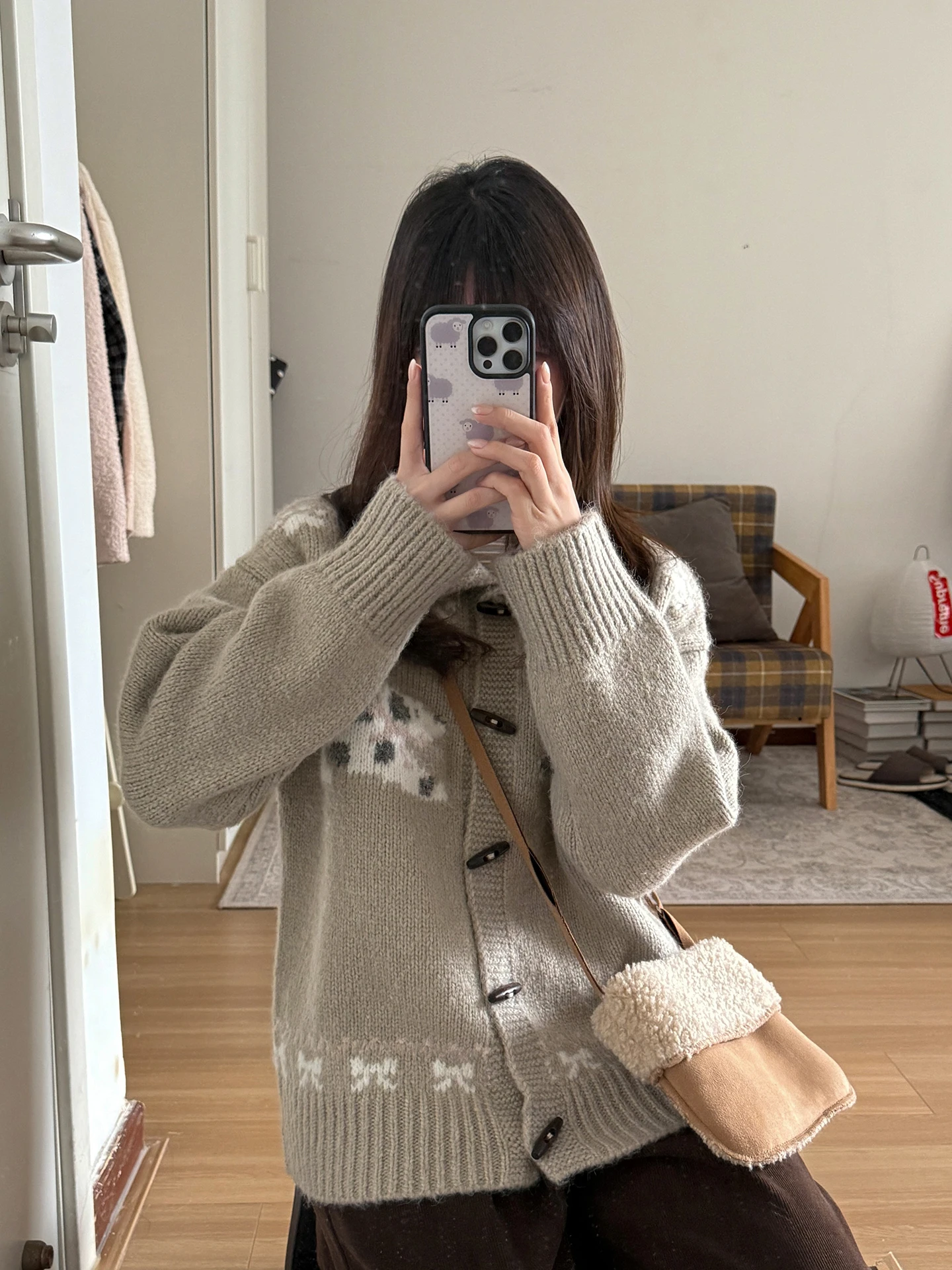 

Milk Rabbit Winter Open Cardigan Sweater Women's Loose Knitted Top with Bow Tie Dog Collar Sweet Sle Polyester Blend