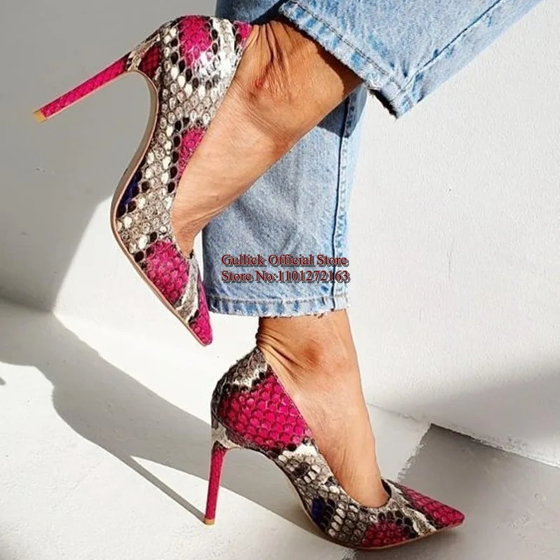 مثير جلد الثعبان أحذية عالية الكعب الوردي الأبيض اللون المرقعة بيثون 12 سنتيمتر فستان مضخات أشار تو الضحلة الاحتفال الأحذية Size45
