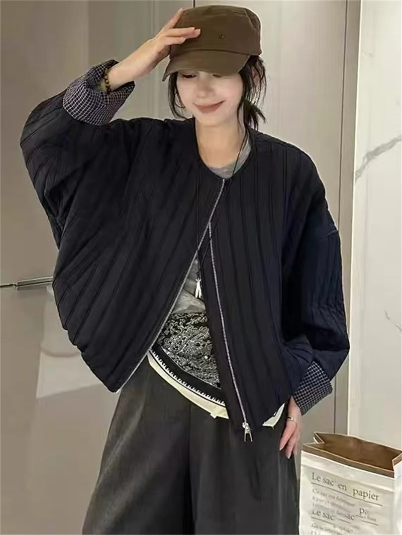 

Корейская хлопковая короткая куртка с круглым вырезом и круглым вырезом, женская ранняя осень, клетчатый дизайн, универсальный свободный топ