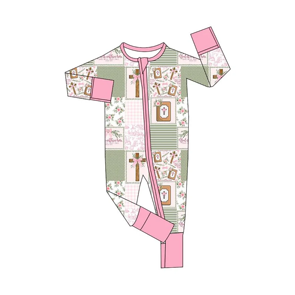 

Boutique Easter Baby Sleepsuit Zipper Patchwork Cross Floral He Has Risen Baby Romper