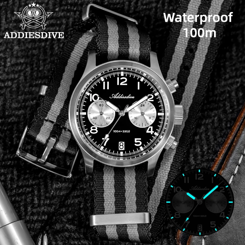 ADDIESDIVE 39mm Men Watch  AD2538 316L Stainless Steel BGW9 Luminous 10Bar Waterproof Chronograph Watch VK64 39mm Quartz Watches