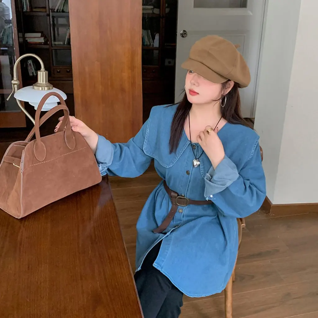 เสื้อเชิ้ตยีนส์ทรงเอวเข้ารูปสไตล์เกาหลีย้อนยุคสำหรับสาวอวบ ไซส์ใหญ่ รุ่น L177 คอลเลคชั่นฤดูใบไม้ร่วงของ Shuangtian ขายส่ง
