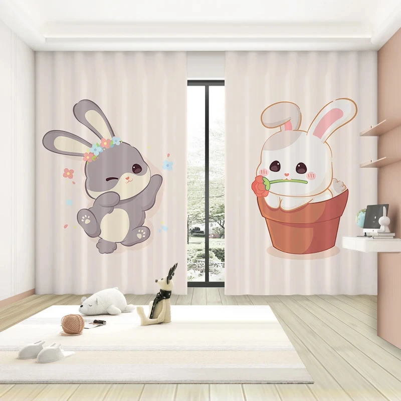 Trendy Cartoon Cute Style High Blackout Curtains Pink Bunny Girl Princess Bedroom Living Room Window Shading Curtain 2 Pieces