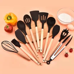 Silicone spatula and spoon set, heat-resistant household food grade, storage bucket, set of 12 parts