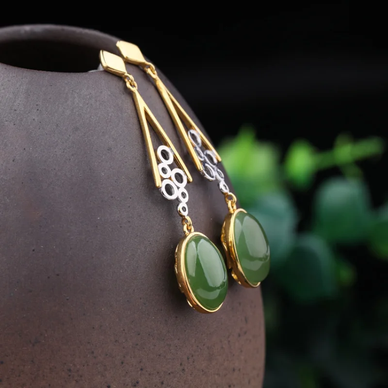 Ancient Style Hanfu Earrings 925 Sterling Silver Gold Plated Color Inlaid Hollow Egg Surface Hetian Jade Jasper Earrings for Wom 2