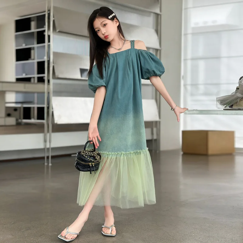 Kids Dresses for Girls Summer Shoulderless Denim Princess Dress Blue Fashion Casual Mesh Patchwork Vacation Dress Teen Clothes