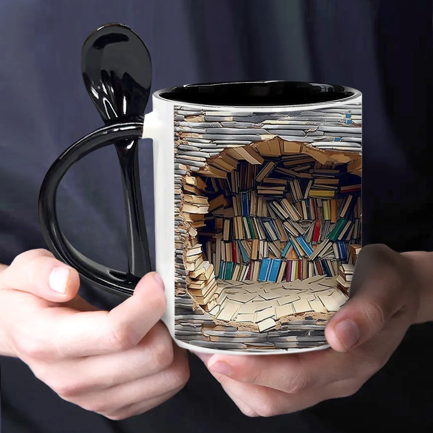 1PC,Gifts for Readers, Bookish, Book Lovers Coffee Mug, Birthday Gifts for Book Lovers, 11oz Ceramic mug with spoon, black