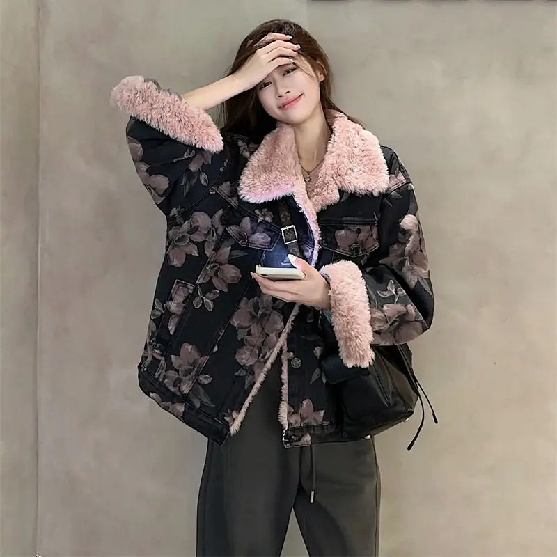 

2025 Winter Fall Women Warm Fleece Flower Pattern Denim Fur Thick Jacket Coat , Woman Clothing Fashion Vintage Coats Jackets
