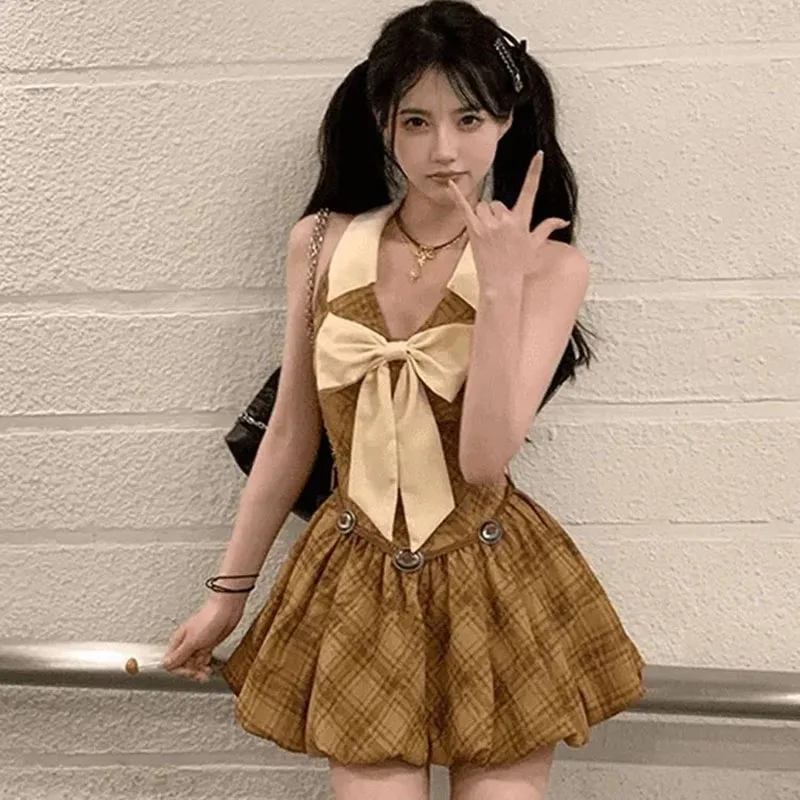 Süße Preppy Frauen Mini Kleid Sommer Mode Tunika Plaid Kleid Abnehmen Schmetterling Flauschigen Prinzessin Kleid Weibliche