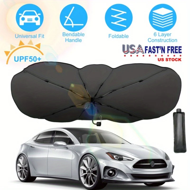 57x33In Foldable Car Sun Umbrella Universal Sun Blocker Shield Shade Silver Titanium Sun Protector with Carry Bag for Car Truck