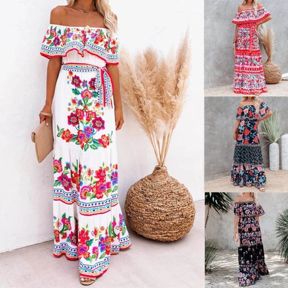 

Women's Dresses Slash Neck Off Shoulder Floral Printed High Waist Long Dress Large Dress Sexy Elegant Fashion Vacation