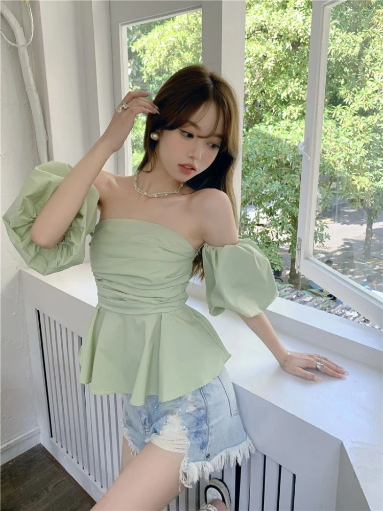 Blouses Women Slash Neck Off-shoulder Hotsweet Cute Puff Sleeve Fashion French Style Summer Lovely Casual Girl Slim Blusas Mujer