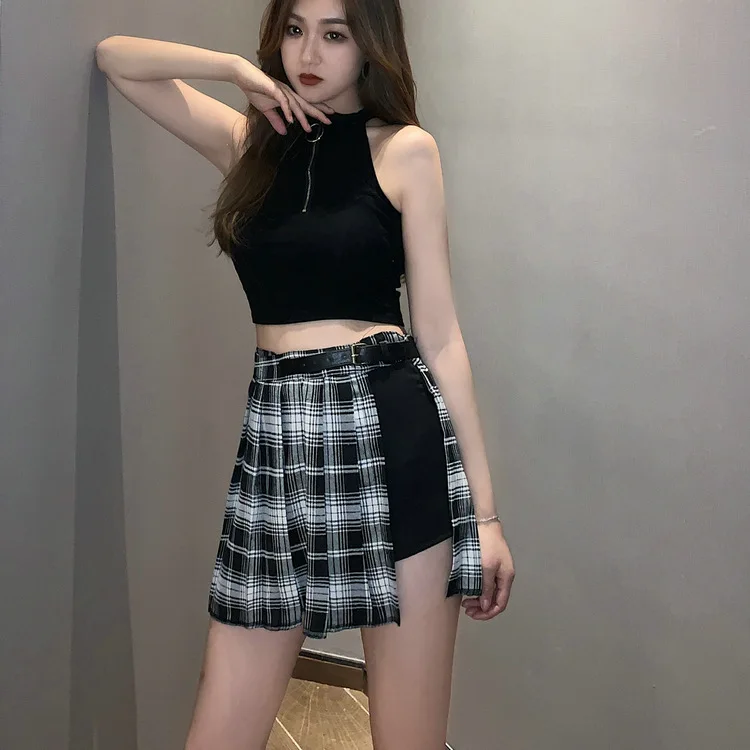 Womens Casual Mini Skirt All Match Women Short Skirt Fashion Tartan Red Pleated Skirts Streatwear plaid Side Button skirt