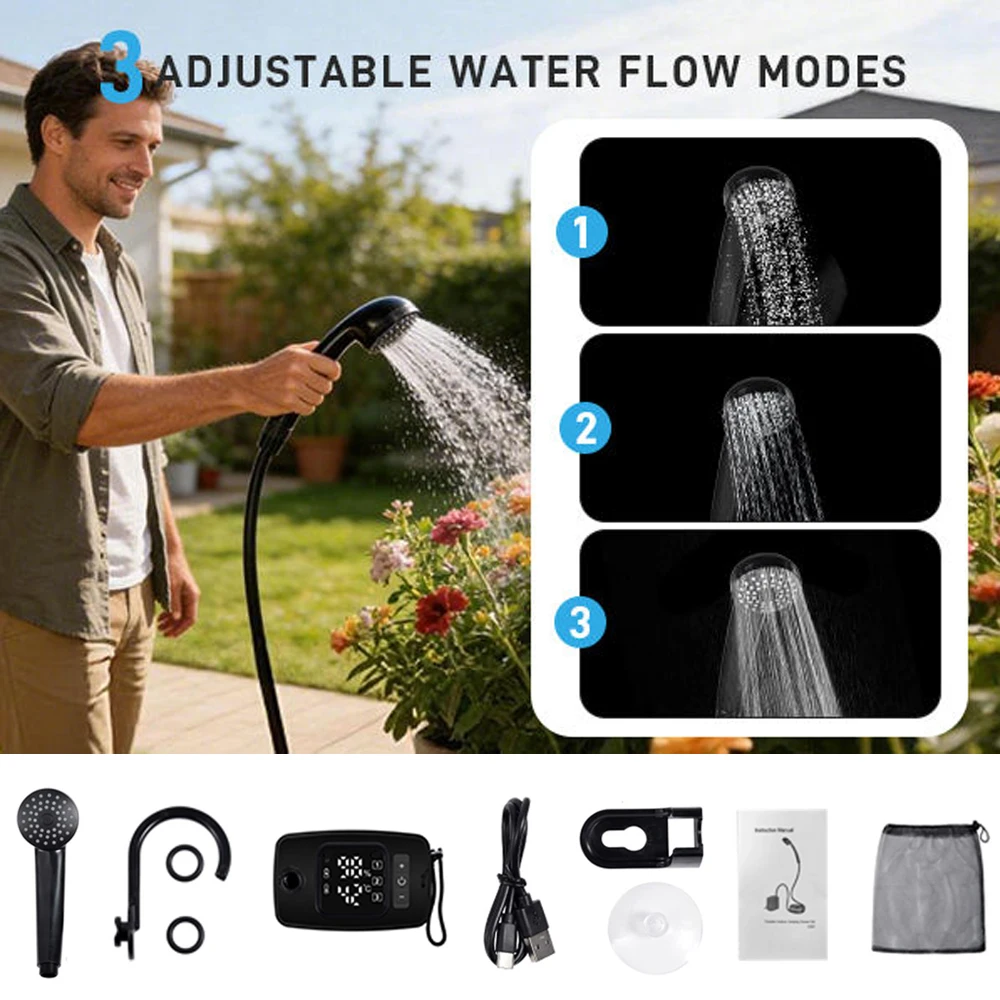 Ducha Eléctrica Portátil para Camping con Pantalla Digital, Bomba de Ducha Recargable USB de 8000mAh, Impermeable, para Hogar, Viajes y Aseo al Aire Libre