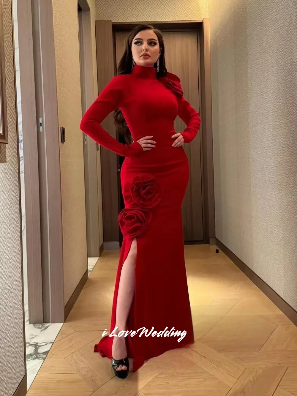 

Red High Collar Evening Dresses 2025 Long Sleeve Flower Pleated Mermaid Side Split Floor-Length Wedding Party Dresses Customized