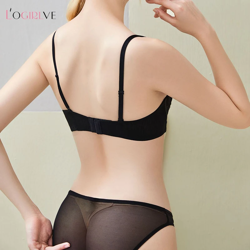Logirlve Sexy Bra Panties Sets Ultrathin Brassiere Transparent Push Up Underwear Women Set Bras Lace Embroidery Lingerie