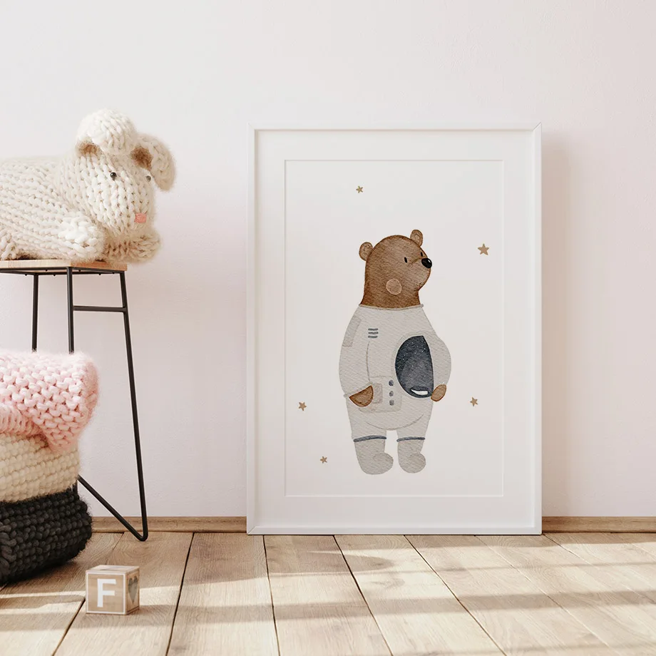 Boho Space Rocket Bear Panda Mouse Nursery Posters Cartoon Wall Art Print Canvas Painting Baby Kids Room Home Decoration Picture