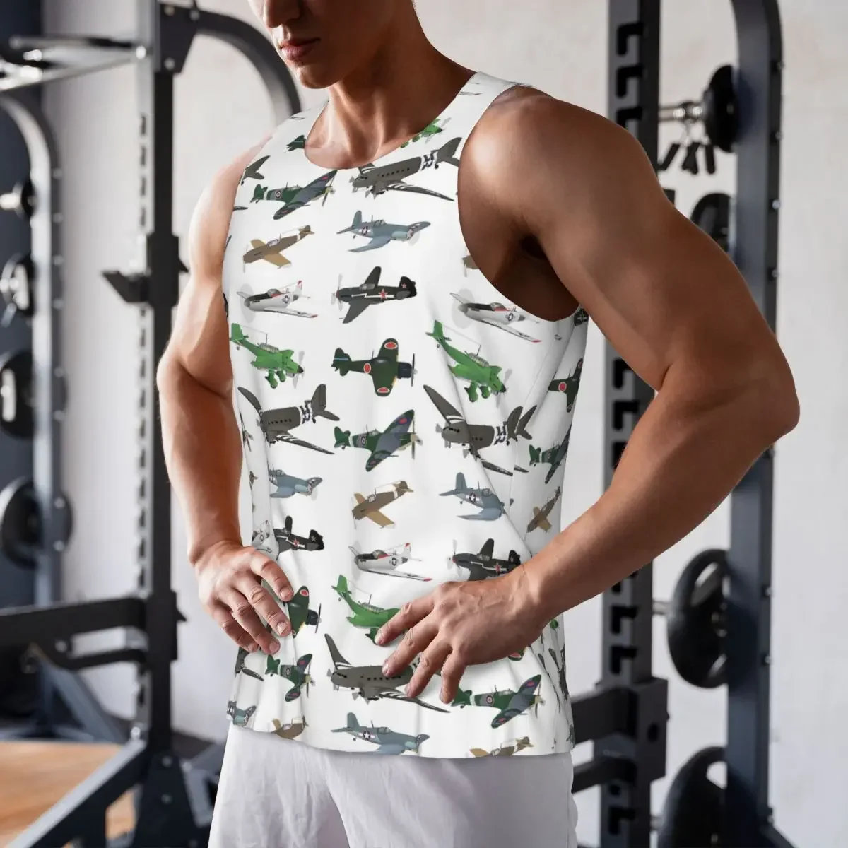 Schnell trocknendes, atmungsaktives Tanktop mit mehreren WW2-Flugzeugmotiven für Gym und Bodybuilding