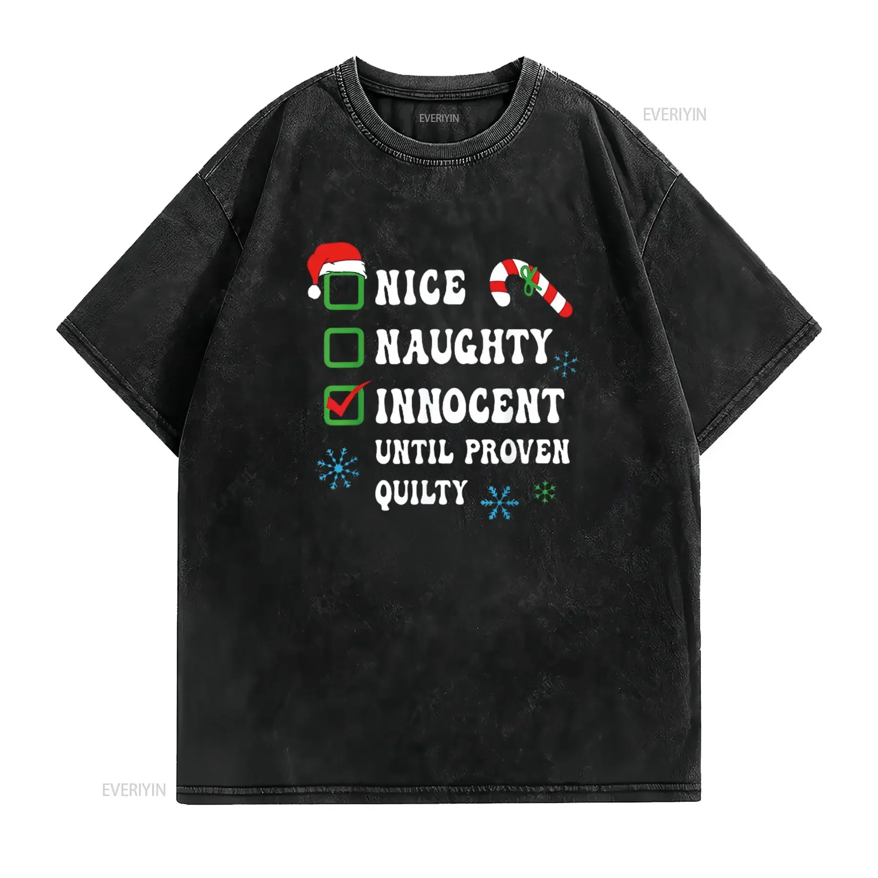 Nice Naughty Innocent Until Proven Guilty Funny Christmas Womens T Shirt Black vintage Washed fashion Breathable Soft