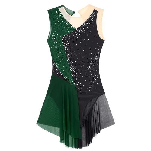 Imagen 2 del producto Body con falda de malla y diamantes de imitación brillantes para mujer, traje de gimnasia, patinaje artístico, Jersey de Ballet, vestido de baile lírico