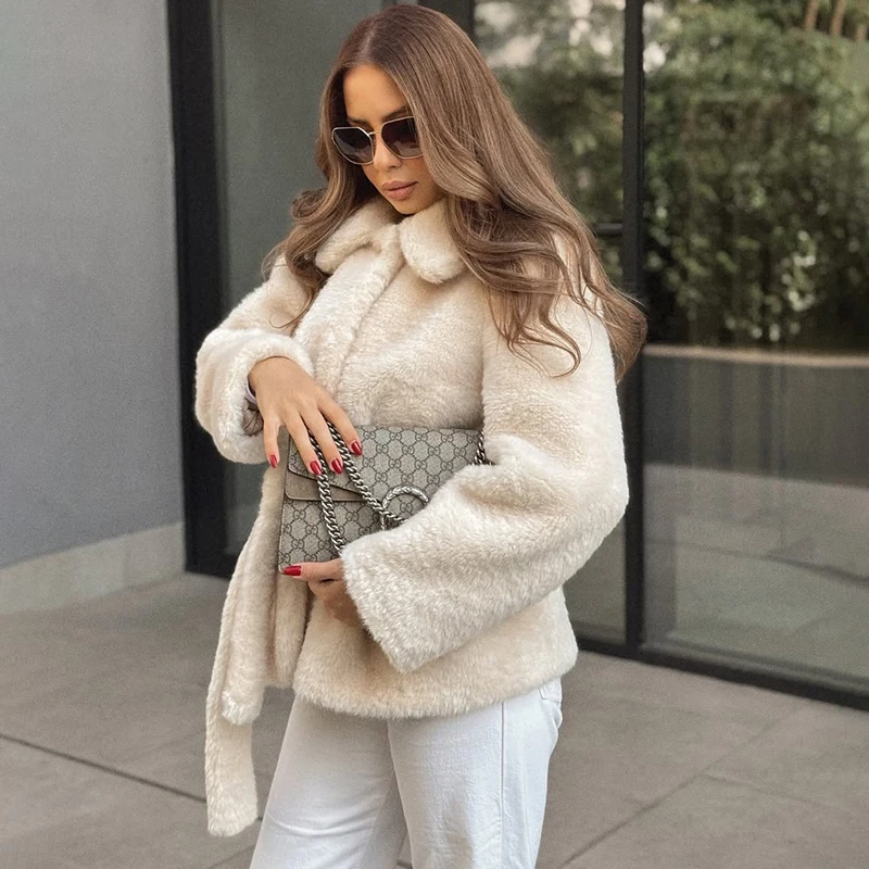 Damesmode nepbontjassen met riem Casual revers Lange mouw Overjas Effen enkele rij knopen Vrouwelijke bontjas Jasje