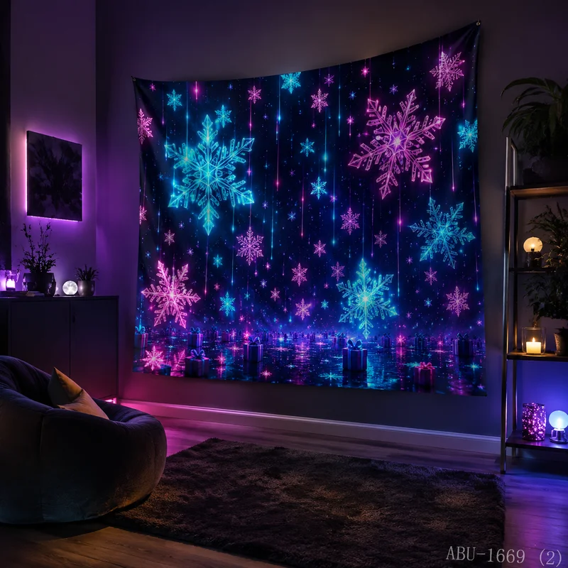 VIKAMA Neon Pink Blue Snowflake Rain Gift Water Reflection Starry Black Vertical Glow Christmas Tapestry Wall Hanging Bedroom