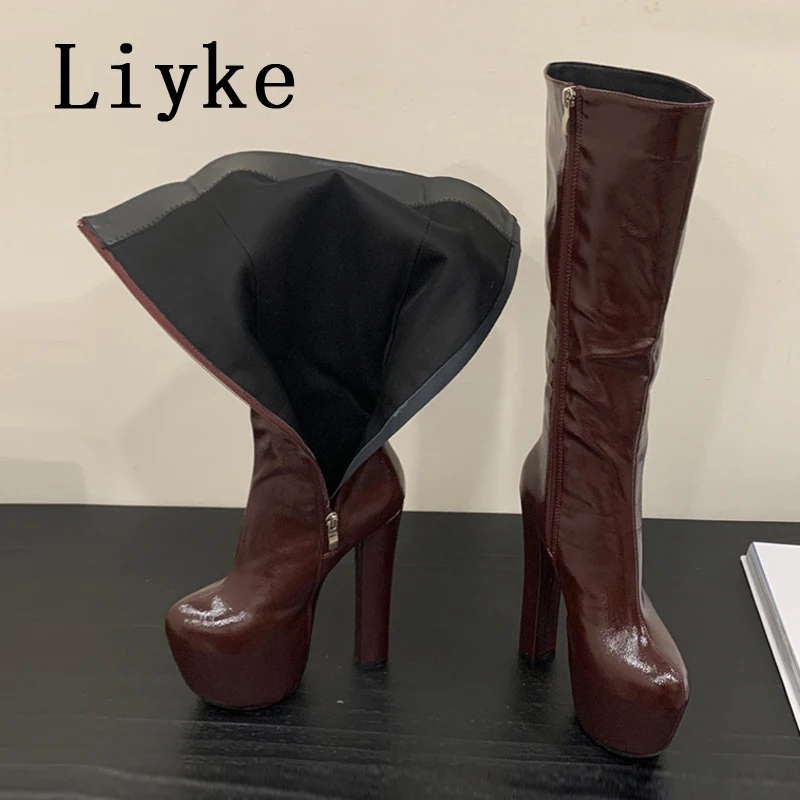 

Liyke, размер 35–45, черные сапоги до колена на массивной платформе и каблуке, женские сапоги до колена с толстой подошвой и круглым носком на молнии, пикантные вечерние длинные туфли для стриптиза