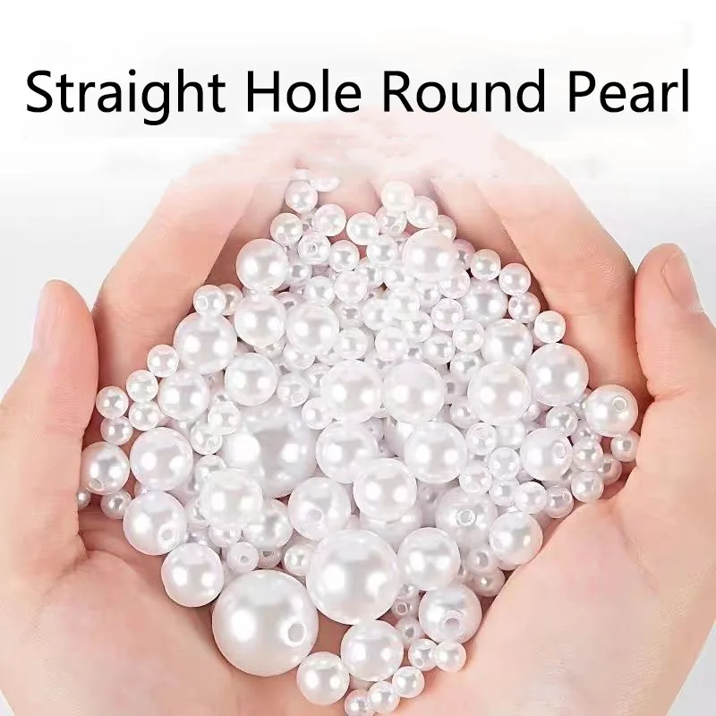 3-20mm White Straight Hole Round Imitation Pearl ABS Loose Beads For Needlework Jewelry DIY Making Necklace Bracelet Earrings